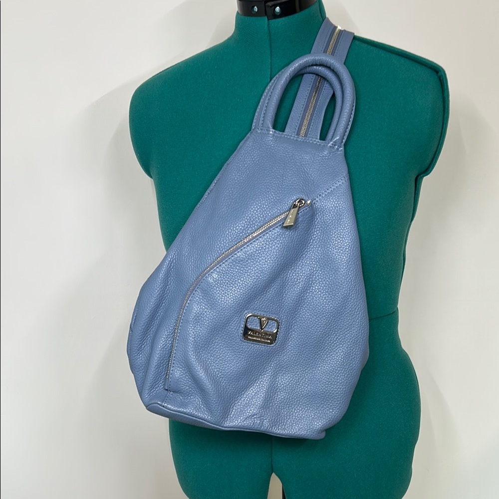 Valentina Chic Blue Leather Convertible Backpack Sling Bag with Silver Details